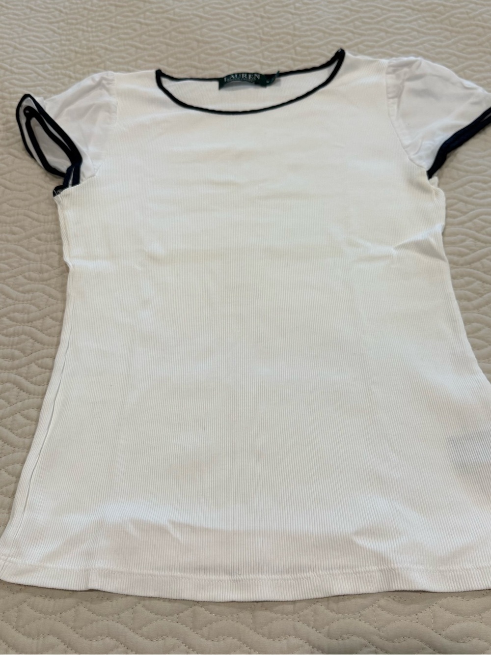 Lauren Ralph Lauren White Short Sleeve Tee with Navy Contrast Trim